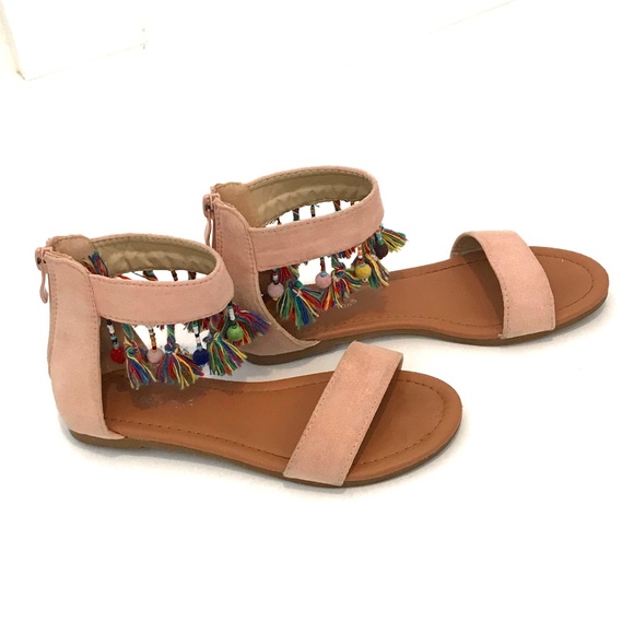 Girls Sandals Size 1 Bohemian Fringe Tassels and Beads - Picture 1 of 16